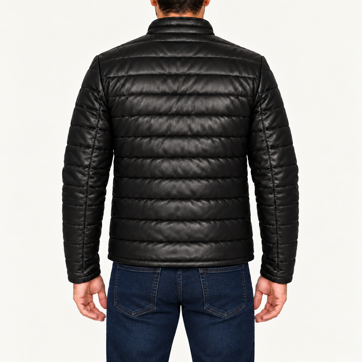 Men's Black Quilted Leather Puffer Jacket – Full-Sleeve Zip-Up Winter Jacket Gallery